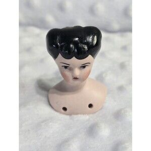 Vintage Doll Head Bisque Porcelain Ceramic Black Hair Blue Eyes Rouge Red Lips